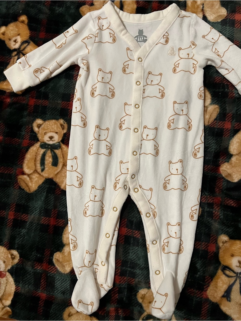 GAP Cream Footed One-Piece with Brown Bear Print